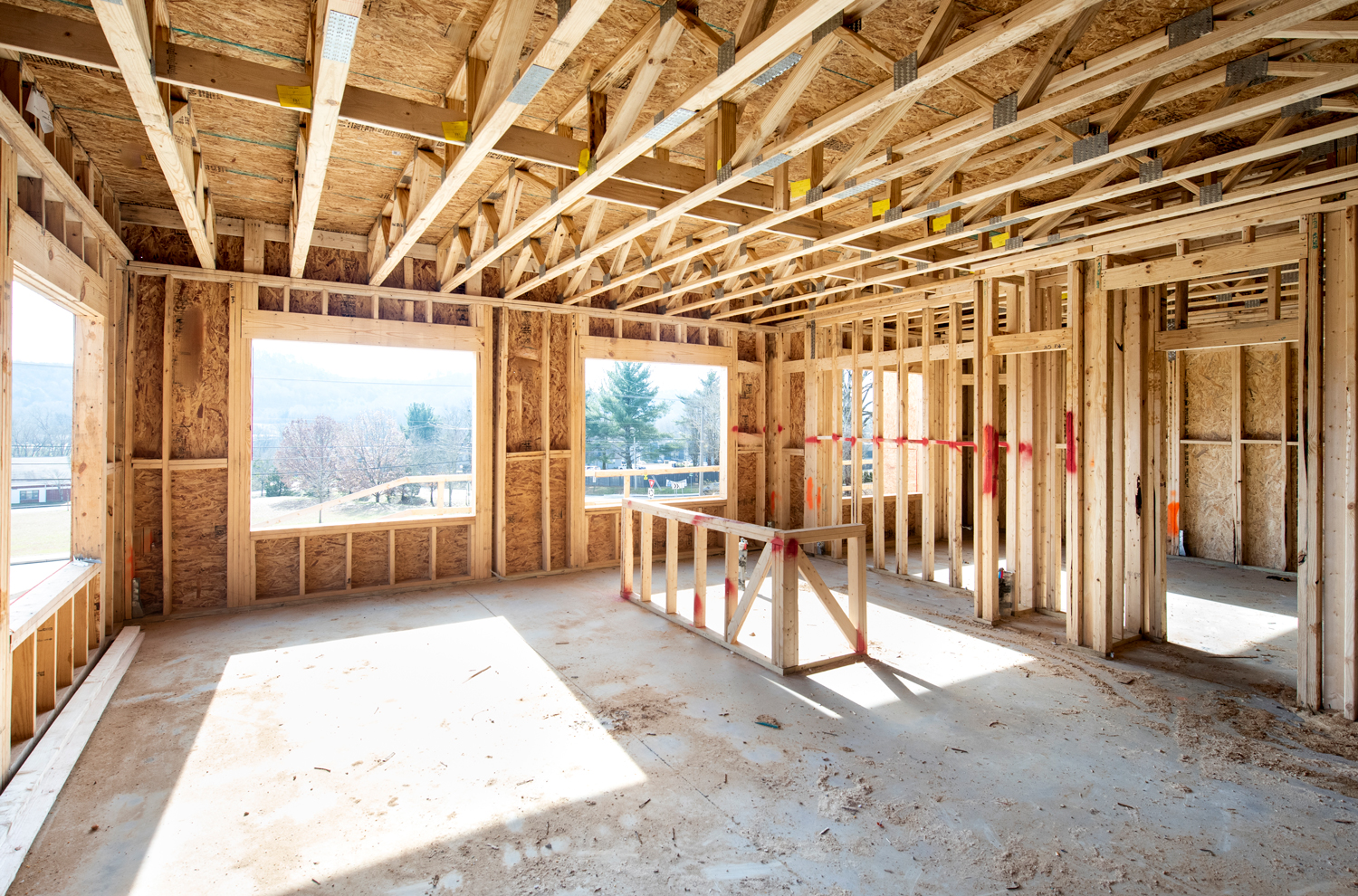Interior of house in framing phase of construction
