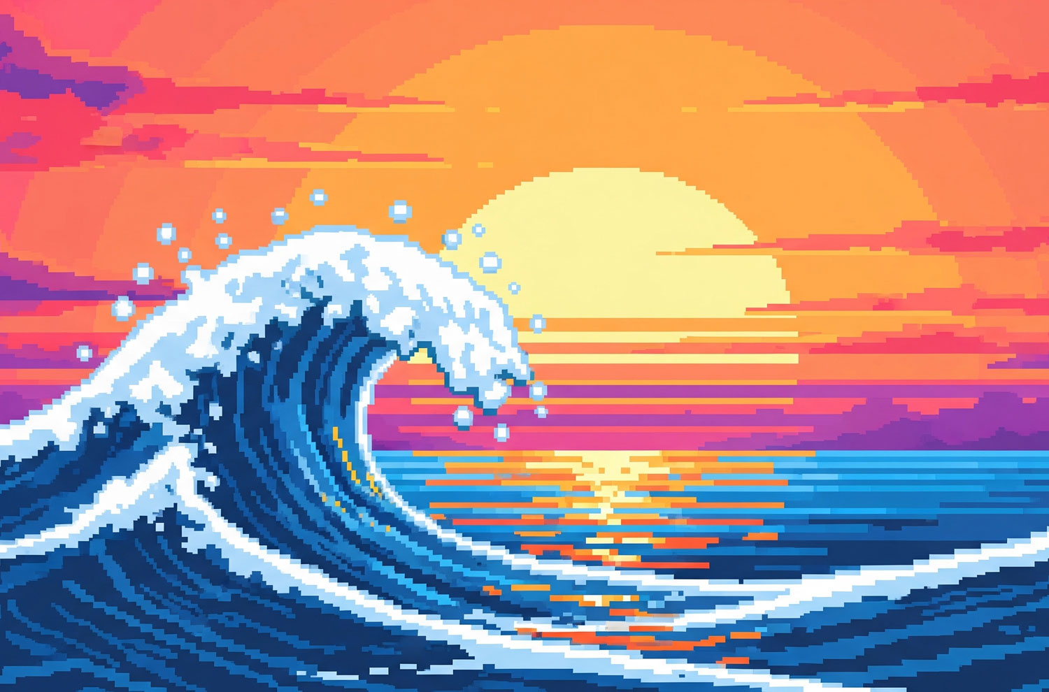 Ocean wave and sun illustration with bright 80s colors