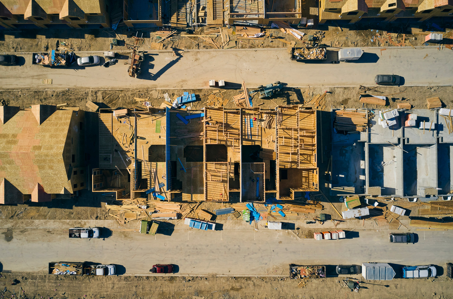 Aerial view of home construction and wood framing