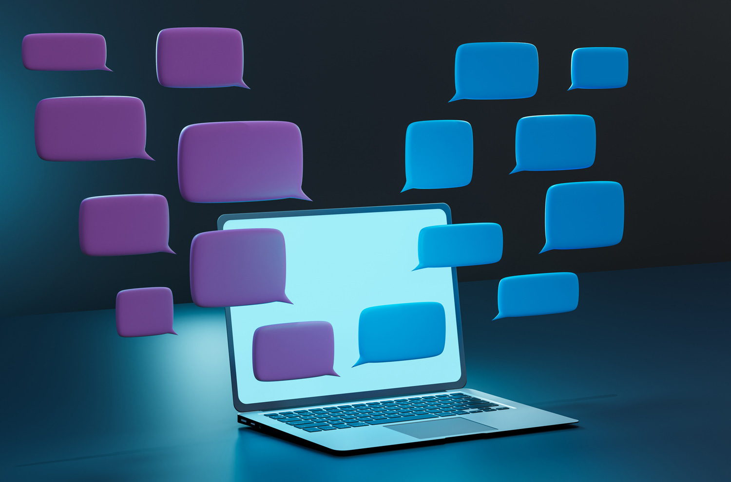 Laptop computer with floating digital chat bubbles