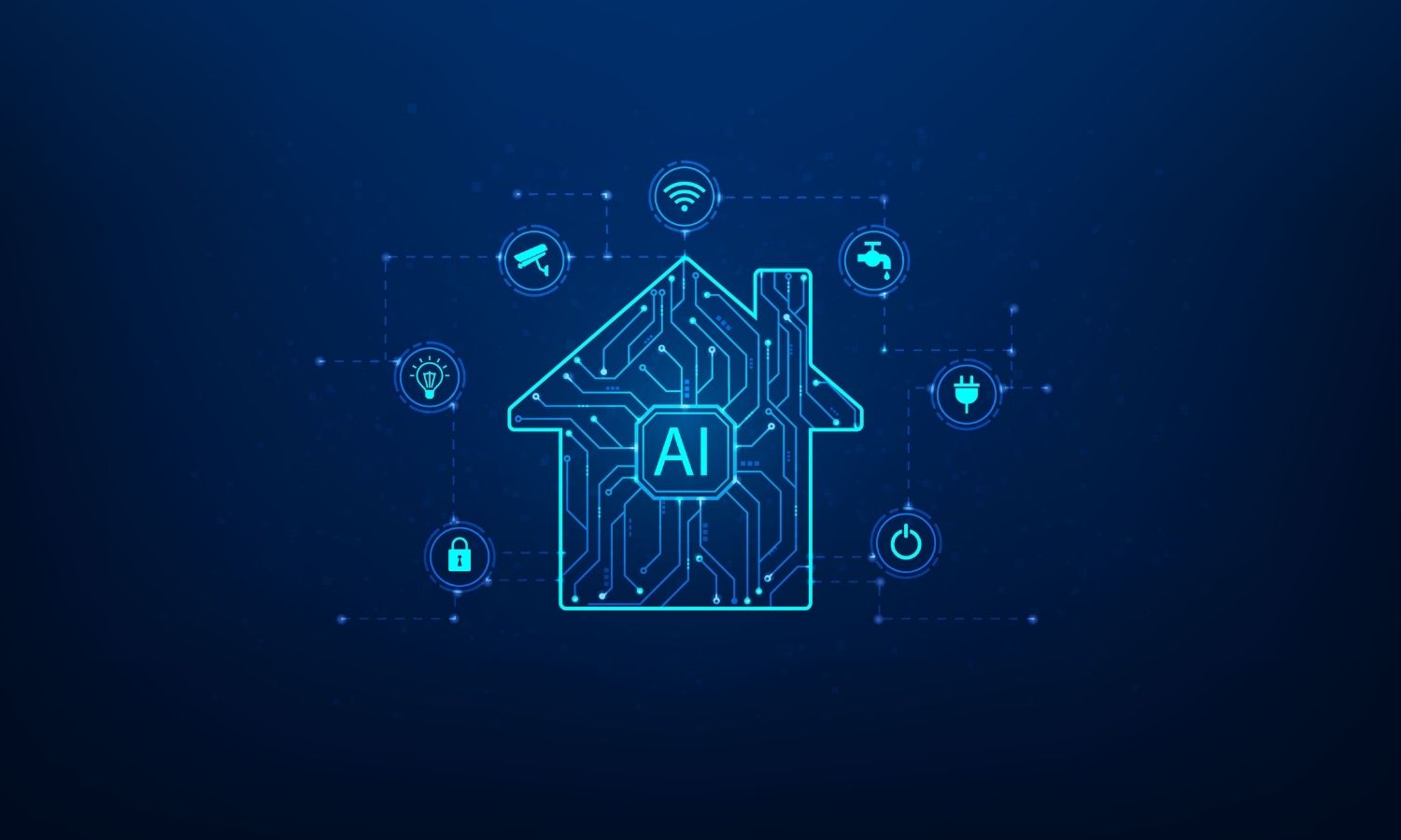 Blue digital house image with AI icons
