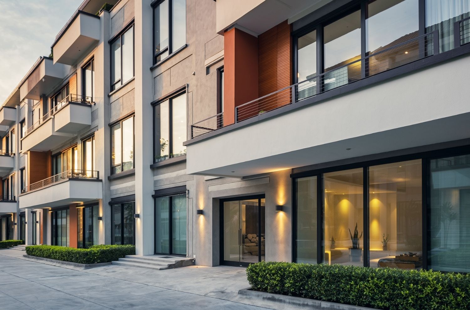 Exterior view of condominium building at dusk