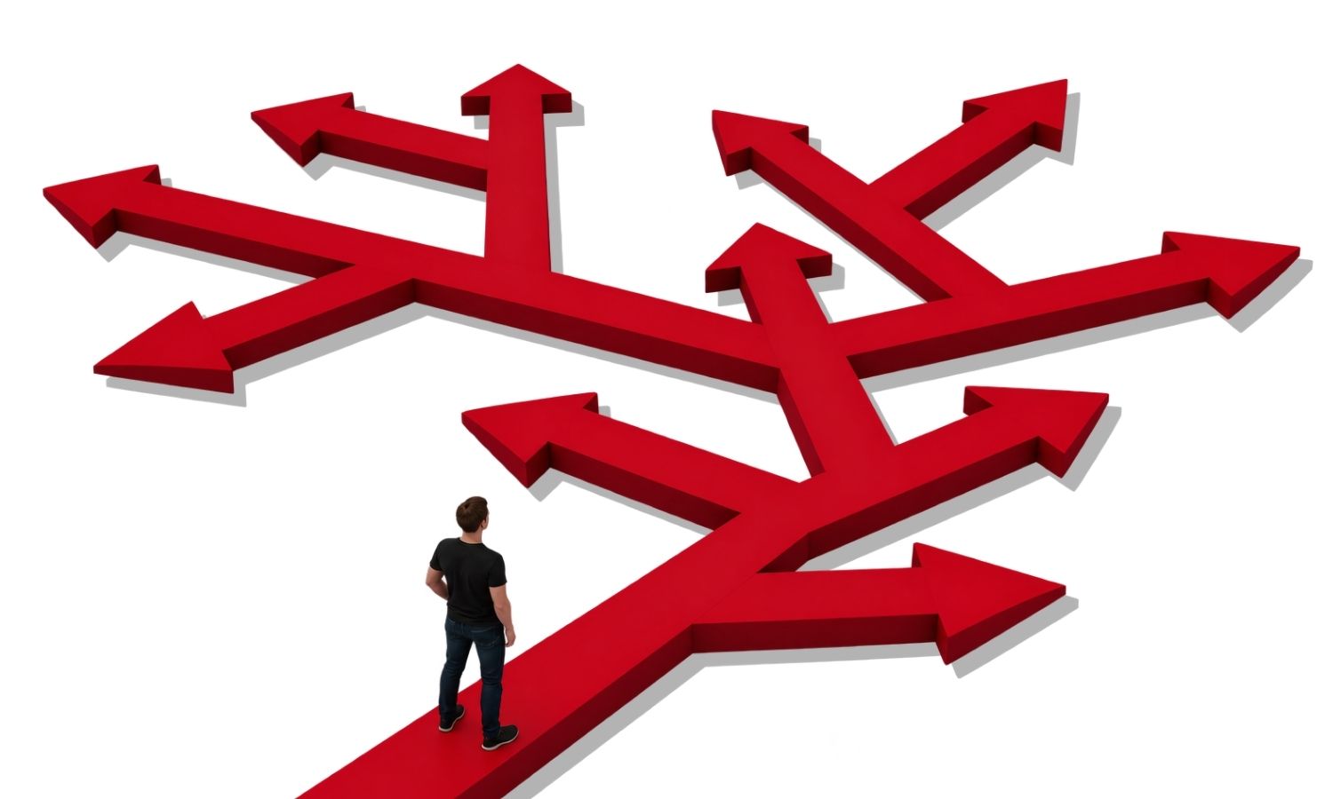 Man facing the start of a multitude of red arrows pointing to different routes