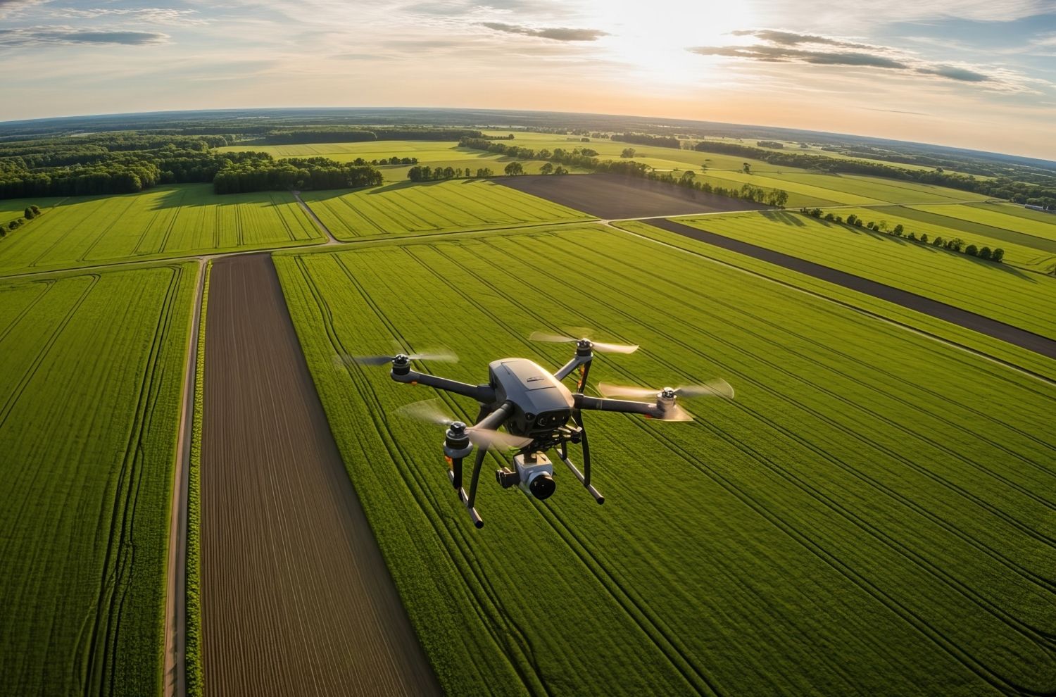 Drone flying over farm field