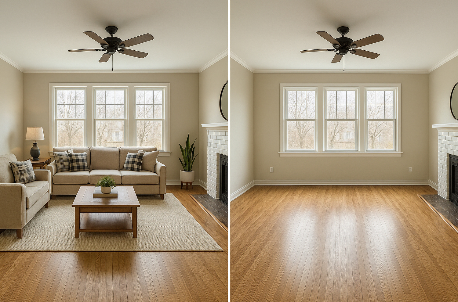 Side-by-side images of empty living room and furnished living room