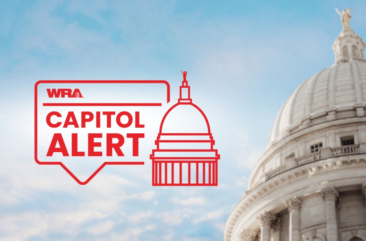 Red capitol alert graphic in sky next to Wisconsin capitol building